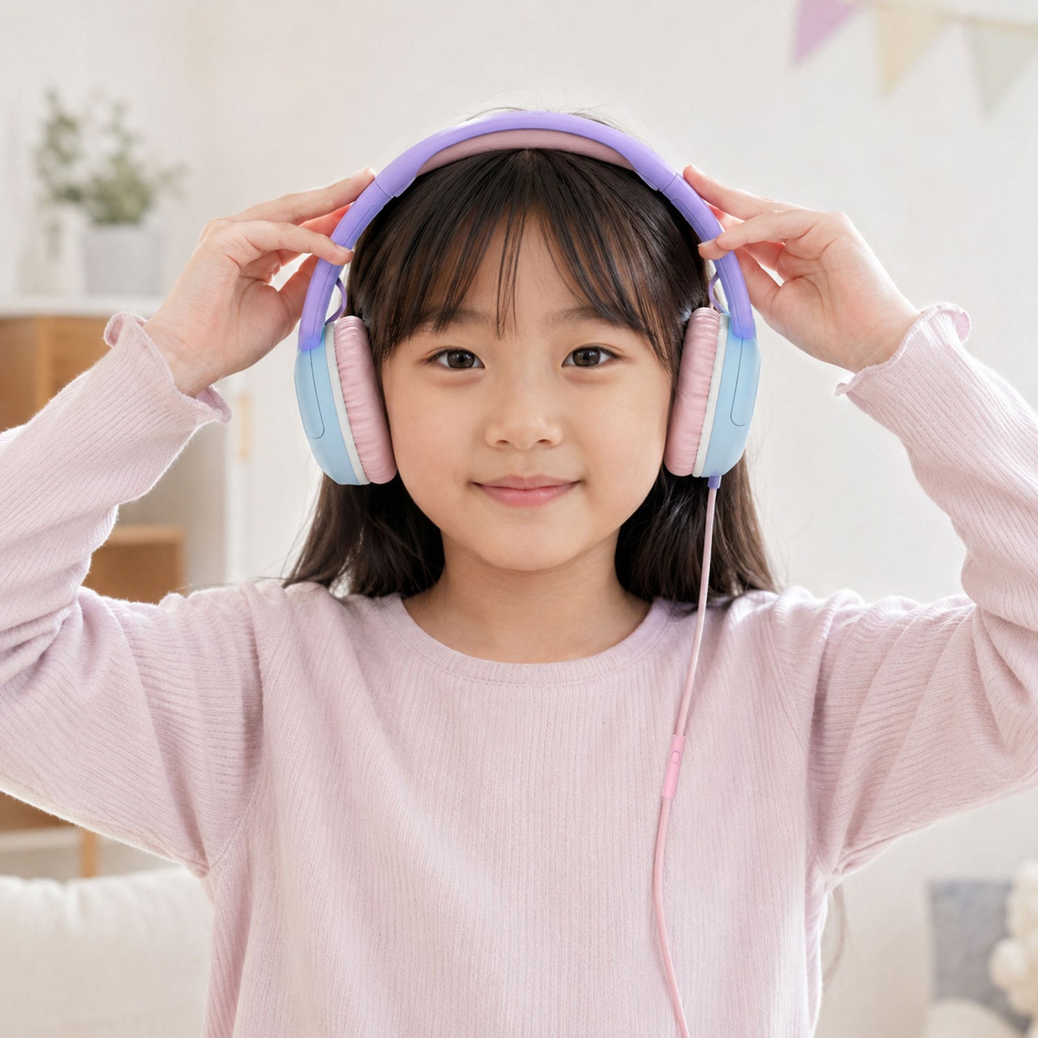 子どもが使いやすい軽量デザイン｜本体重量は約143g。やわらかなオンイヤークッションと調整可能なヘッドバンドで、頭のサイズに合わせて装着できます。折りたたみ式なので、バッグや机の引き出しにも収納しやすい設計です。
