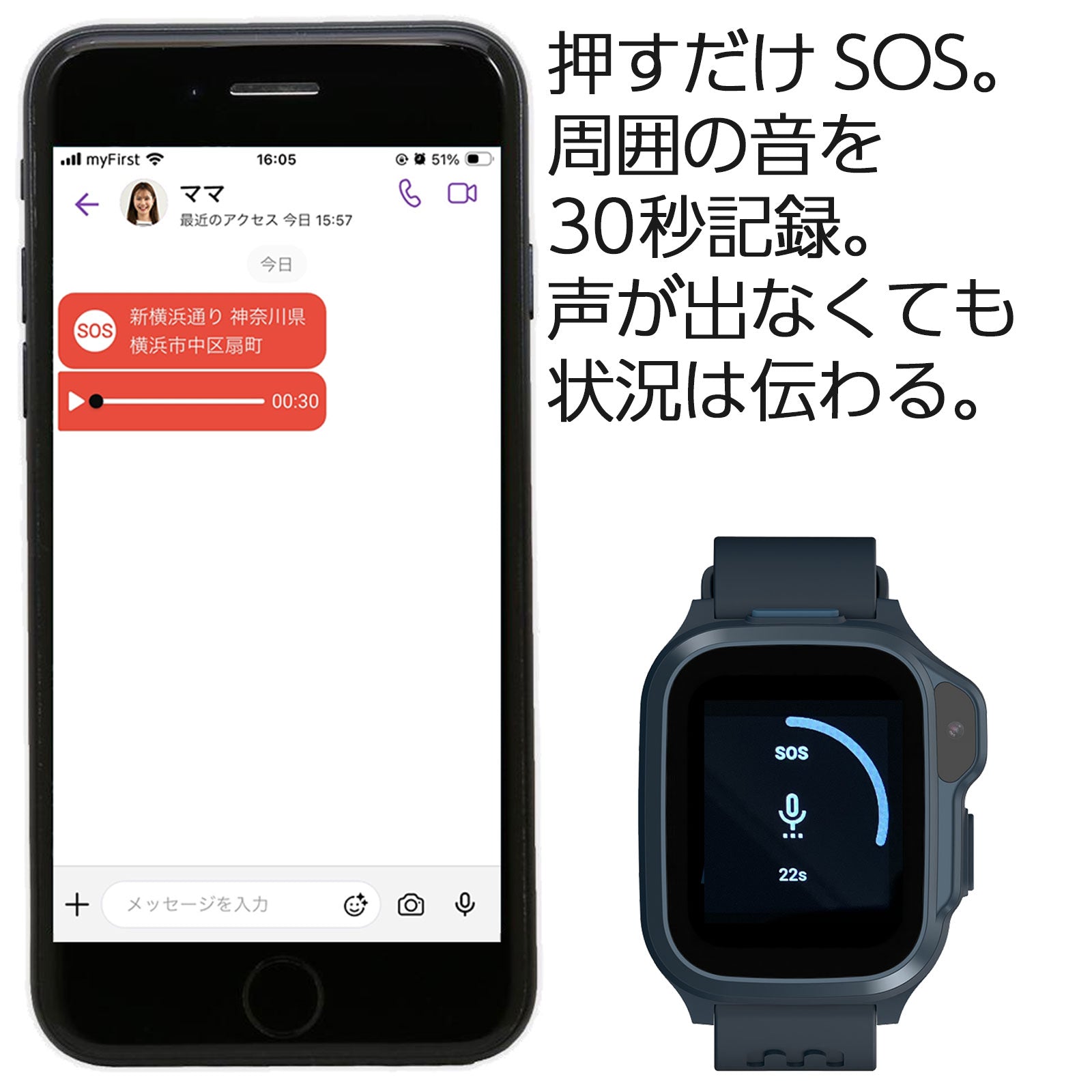 押すだけSOS。周囲の音を30秒録音。